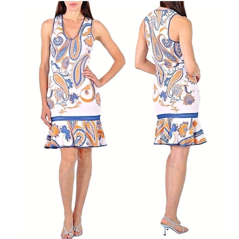 Roberto Cavalli Paisley Knit Dress Italy Orange Blue Ruffle‎ Hem XS Luxury